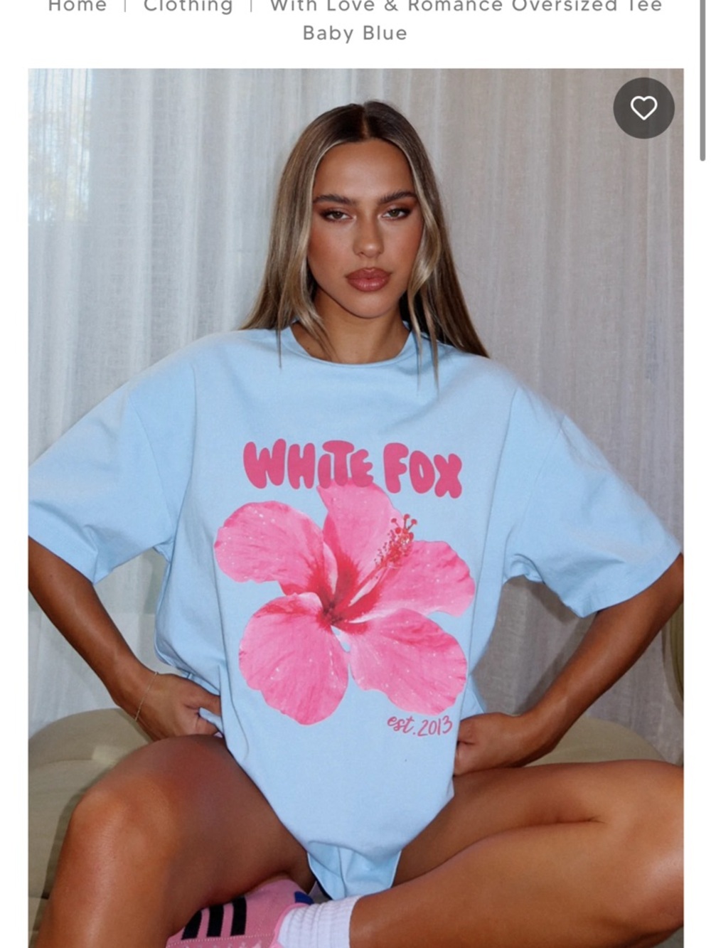 White Fox Boutique Baby Blue Tee with Pink Hibiscus Graphic